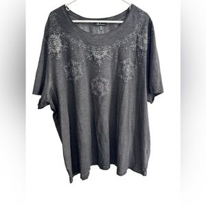 Ulla Popken Black T shirt Top Plus Size 24 26 Textured Print Vintage Look